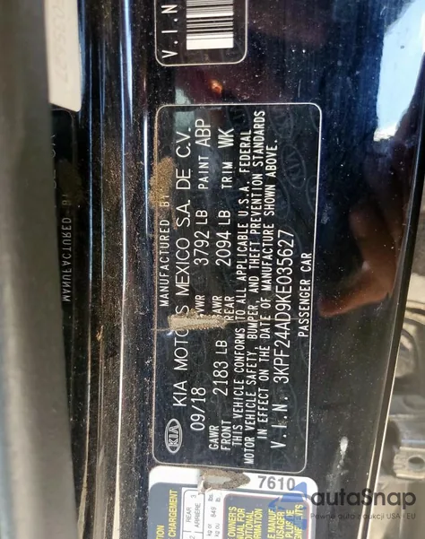 2019 Kia Forte Fe z USA, uszkodzony, nr VIN 3KPF24AD9KE035627